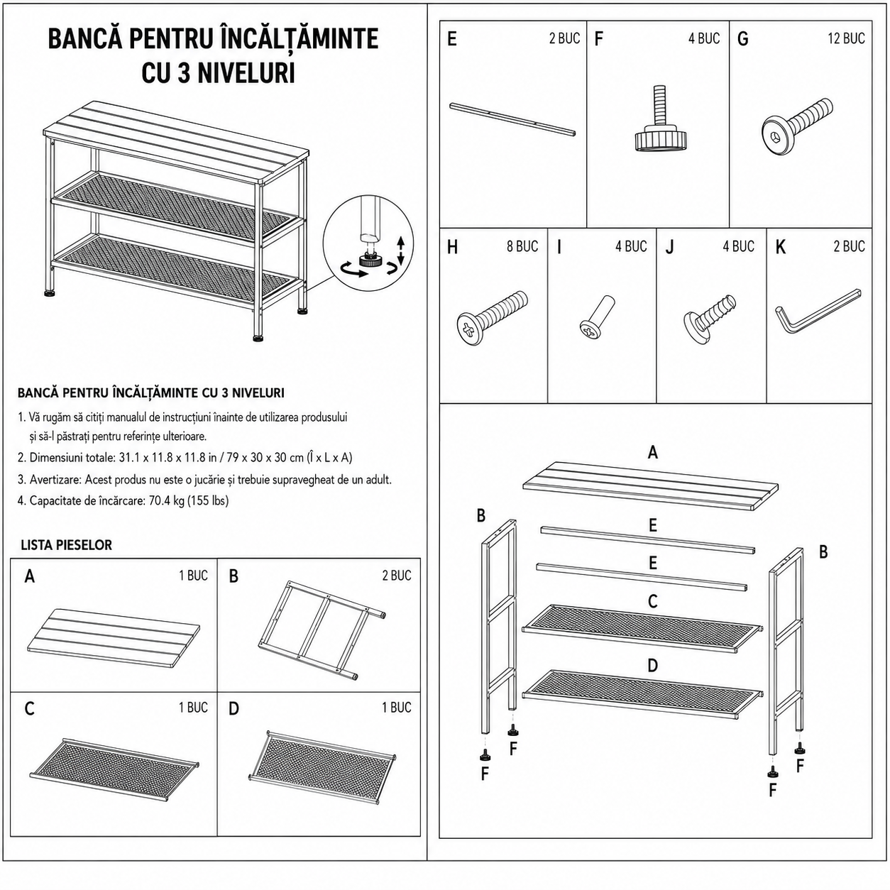 Banca pantofi metalica premium, Blat din Lemn, Ultra rezistenta, 79x35x52 cm, Negru - Calitate premium