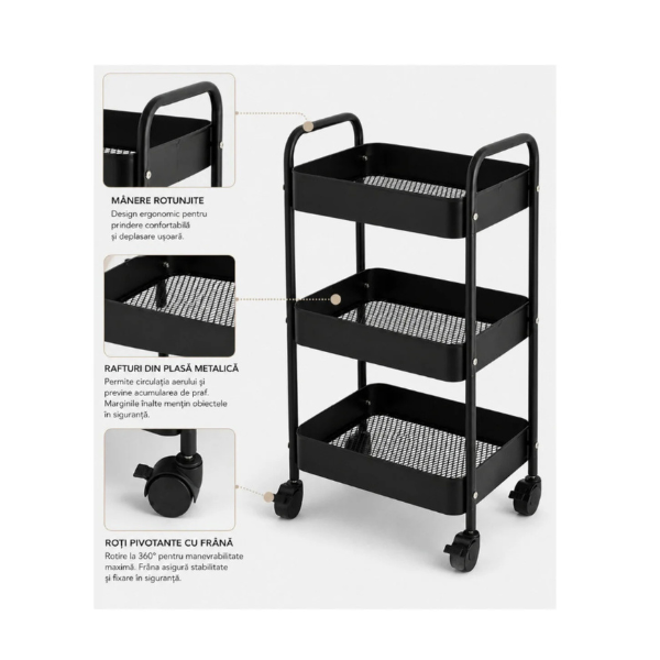 Raft mobil metalic 3 niveluri cu roti, organizator depozitare multifunctional, 38.5 x 26.5 x 67 - Negru