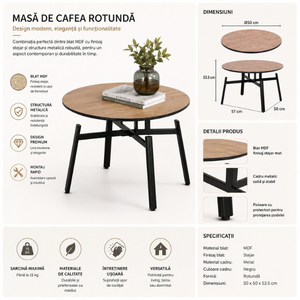 Masa de Cafea Rotunda Premium, Blat MDF Aspect Stejar si Baza Metalica, 80x80x45 cm
