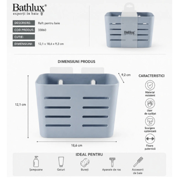 Suport organizator pentru baie Bathlux, autoadeziv, 12x18.5x9 cm
