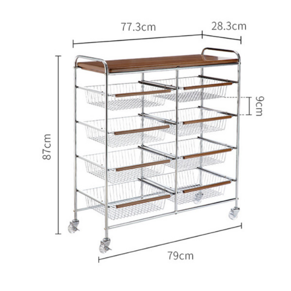 Raft dublu de depozitare cu 4 Etajere, 8 sertare si blat din lemn cu roti, 87x28x70 cm - Premium