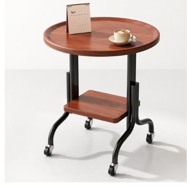 Masa laterala rotunda pentru living cu roti, finisaj Nuc, Noptiera multifunctionala 40x40x56 cm