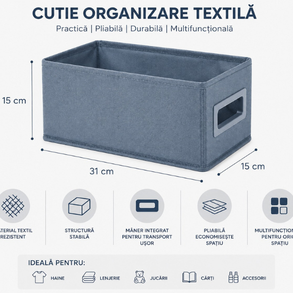Cutie Organizare Pliabila Textila, cu maner Integrat, 15 x 31 x 15 cm - Premium