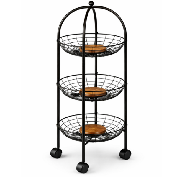 Raft depozitare pentru fructe si legume, 3 etaje, Metalic, cu accent din lemn, 77 x 30 - Negru