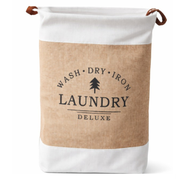 Laundry Deluxe textile foldable laundry basket, 35 x 55 cm, leather handles-gri