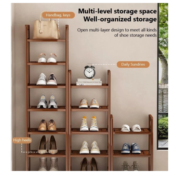 Organizator pantofi ingust din lemn Sheesham, 7 niveluri, suport pantofi vertical, dulap pantofi compact pentru hol, maro, economisire spati