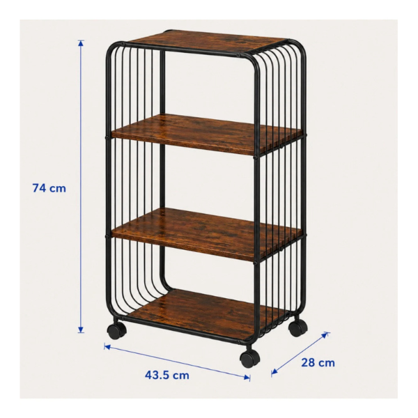 Raft mobil 3 niveluri cu roti 360°, Metal si lemn maro rustic, 43.5x28x74 cm, Negru/ Maro - Calitate Premium