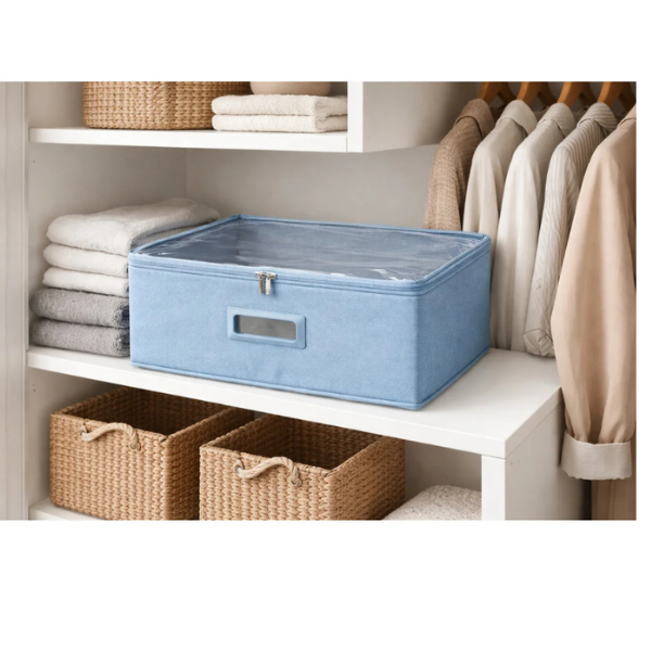 Cutie depozitare textila premium, pliabila, cu fermoar si capac, 45x35x20 cm - Albastru