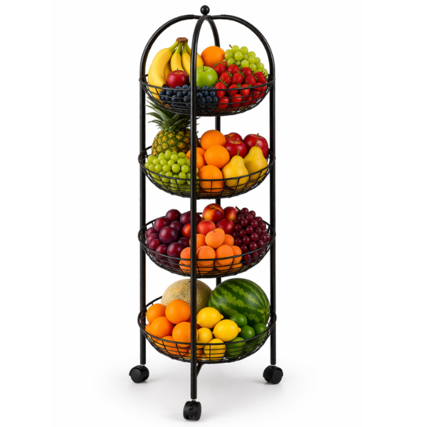 Raft depozitare pentru fructe si legume, 4 etaje, Metalic, cu accent din lemn, 95x30 - Negru