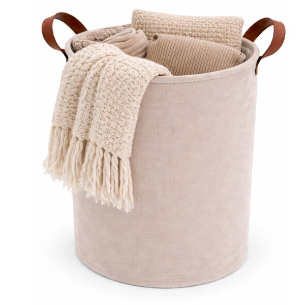 Cos de Rufe Textil cu maner maro, Pliabil, 35 x 40 cm - Premium - Crem