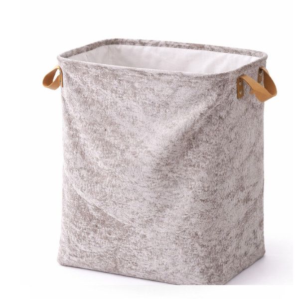 Cos de rufe rigid, catifelat, pliabil, cu manere din piele – 35x25x40 cm - Premium