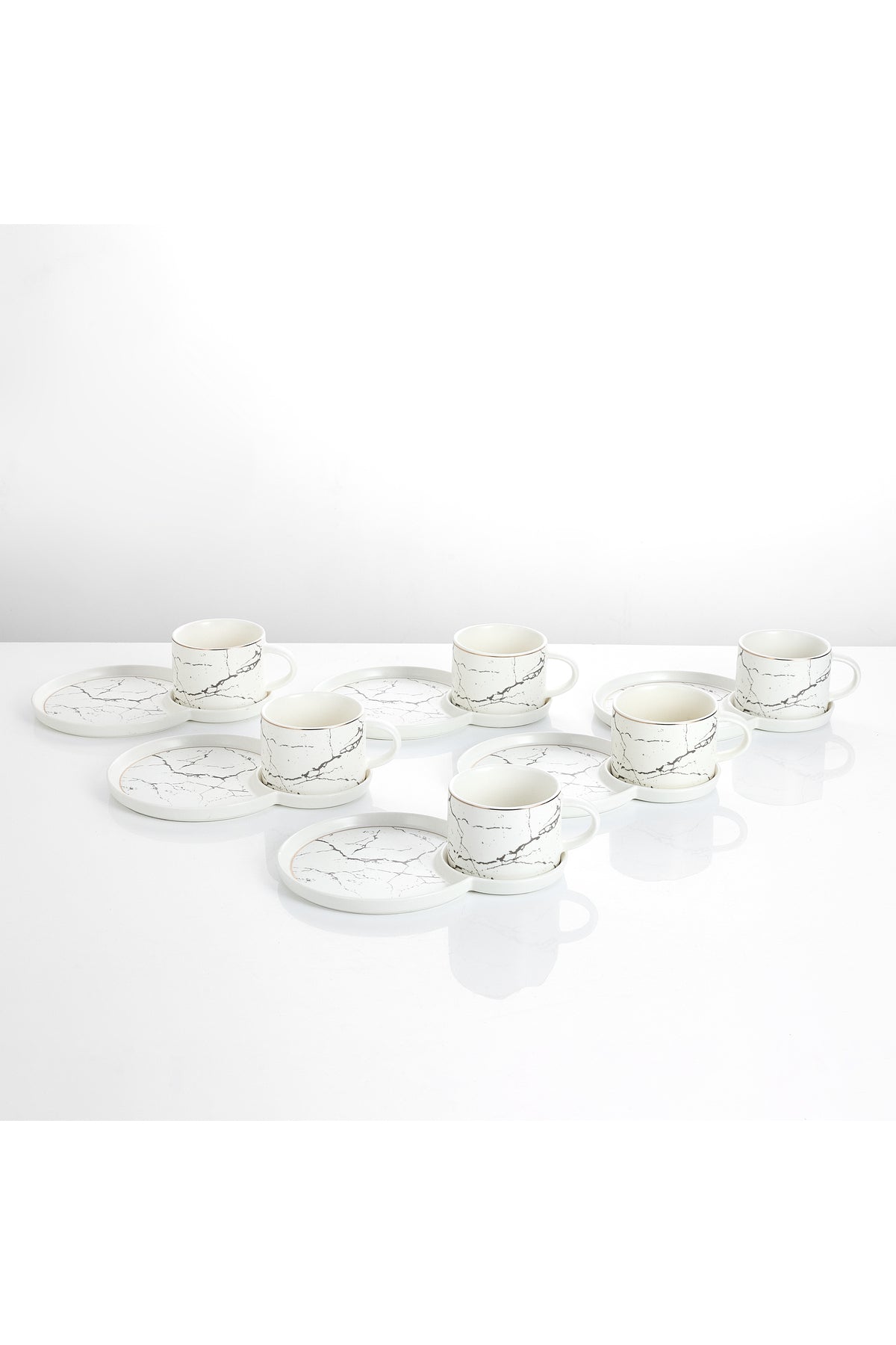 Set 6 cești de cafea din porțelan cu farfurioare duble pentru gustări, 180 ml - Alb
