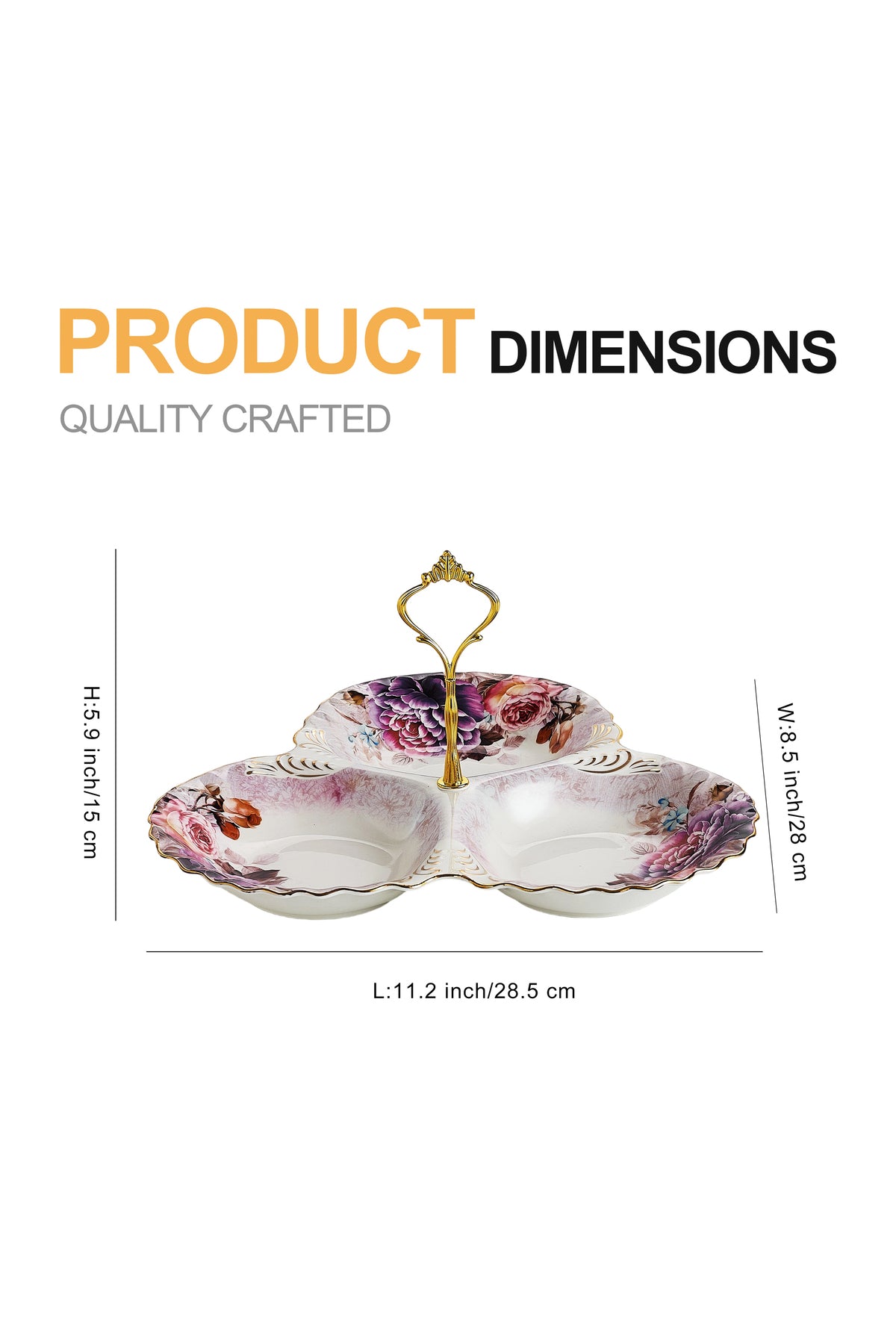 Platou compartimentat 3 secțiuni porțelan, model floral vintage, mâner auriu