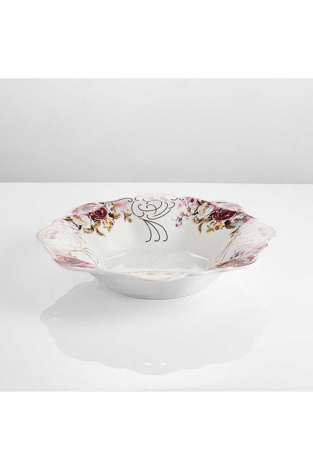 Bol fructieră porțelan model floral vintage, margini dantelate, diametru 33 cm