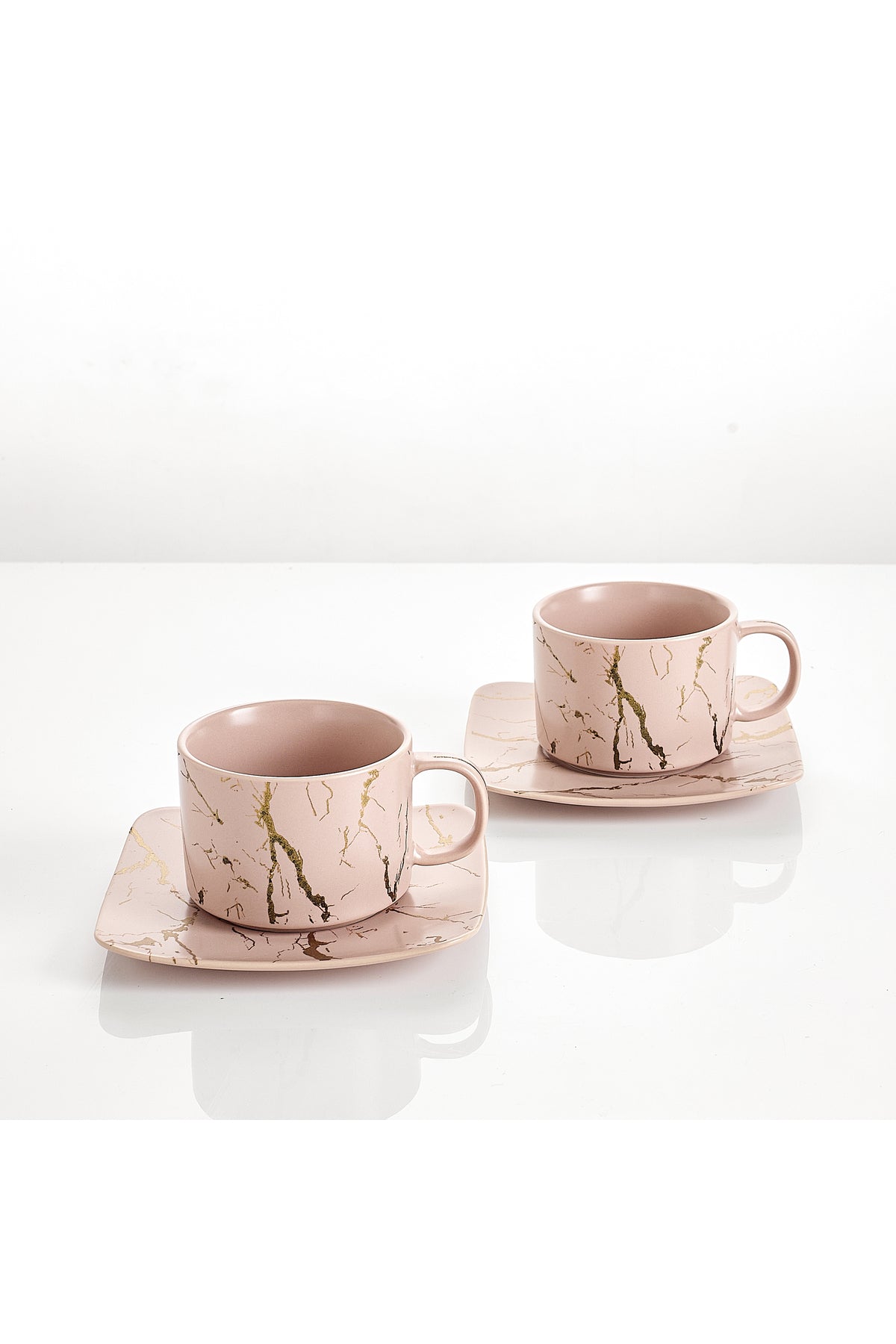 Set de 2 cești cu 2 farfurioare, 180 ml - Roz pal marmorat
