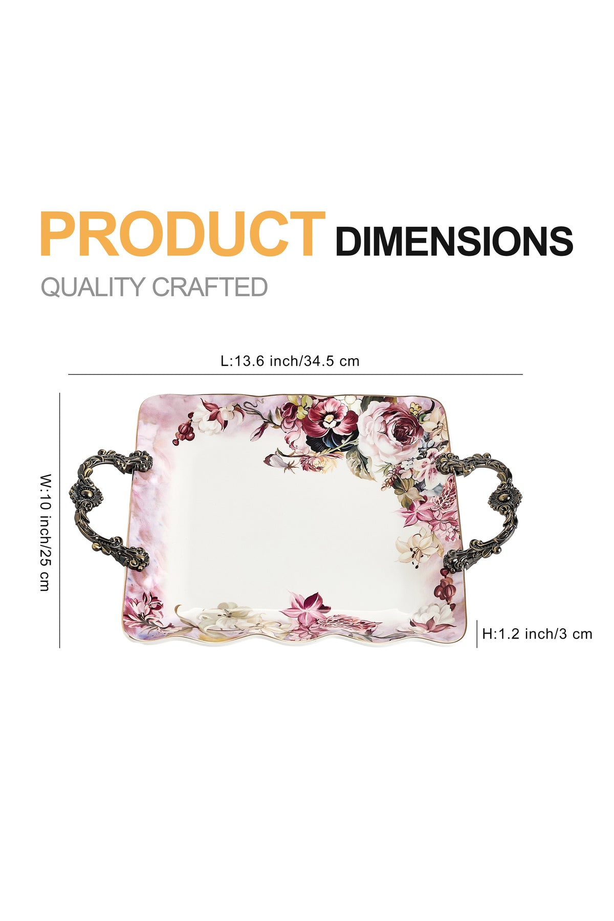 Tavă servire porțelan model floral vintage, mânere metalice bronz, 34.5 cm