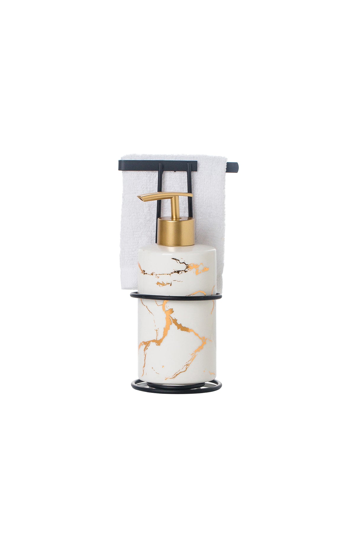 Set dozator sapun Marble din porțelan cu suport și prosop de mana