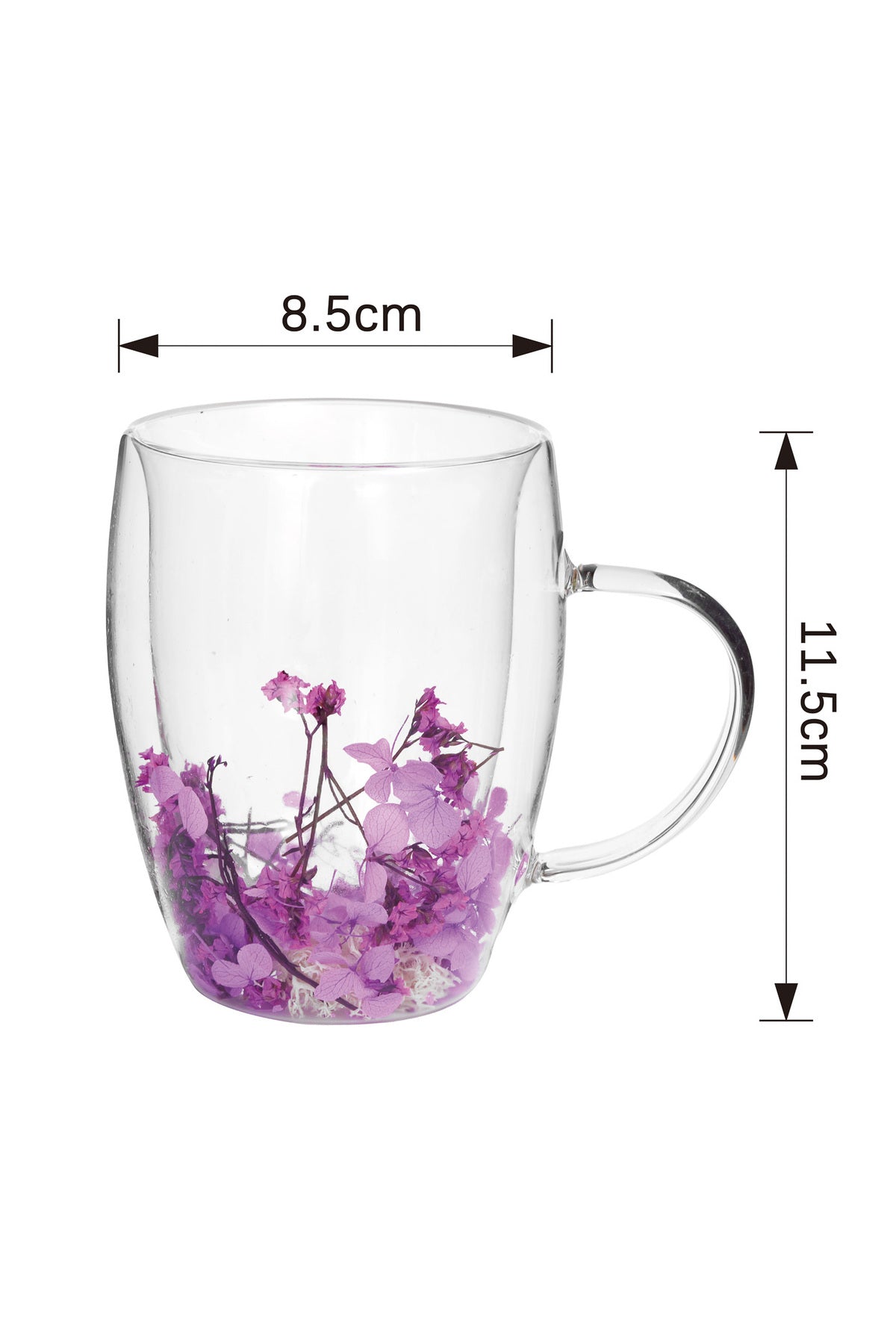 Cană din Sticlă cu Pereți Dubli "Purple" cu Flori Uscate Mov Naturale – 350 ml