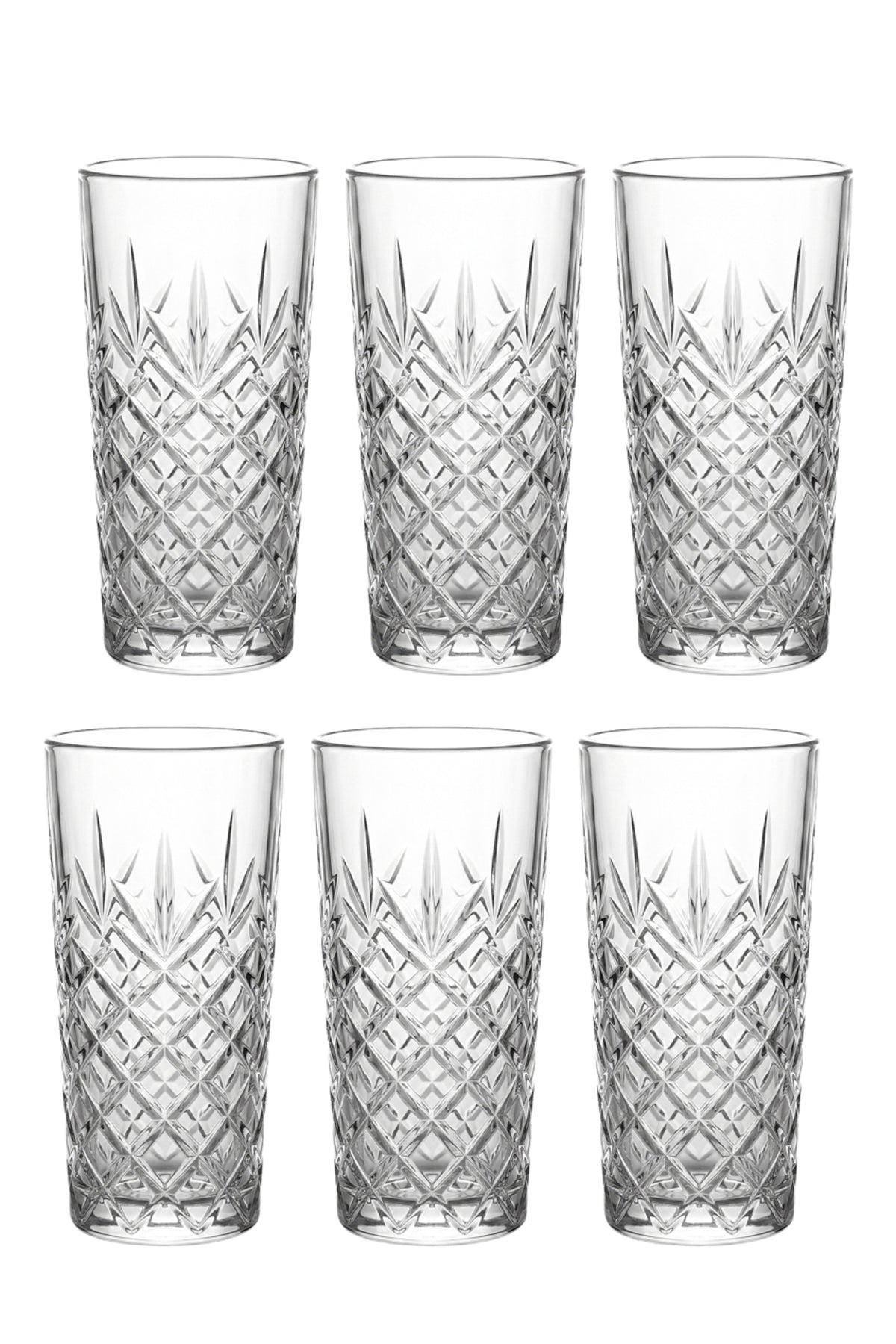 Set 6 pahare highball sticlă Thistle, model gravat vintage, 330ml, transparent
