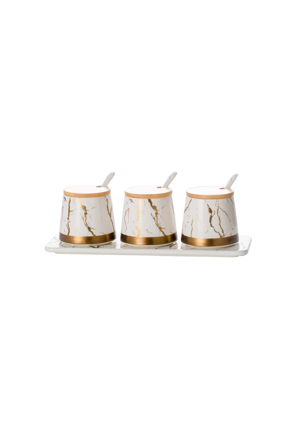 Set 3 Recipiente Condimente din porțelan, Capace Bambus și Tavă suport - Marble Collection