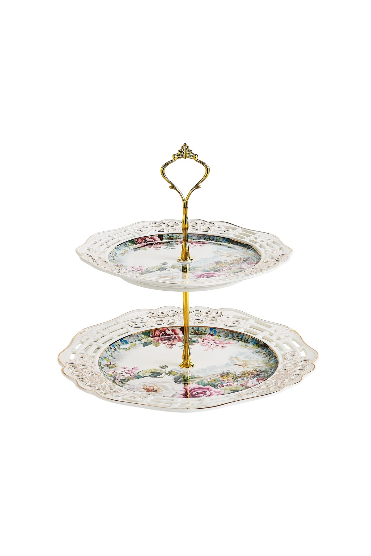 Platou etajat 2 niveluri porțelan, model floral vintage, platouri rotunde