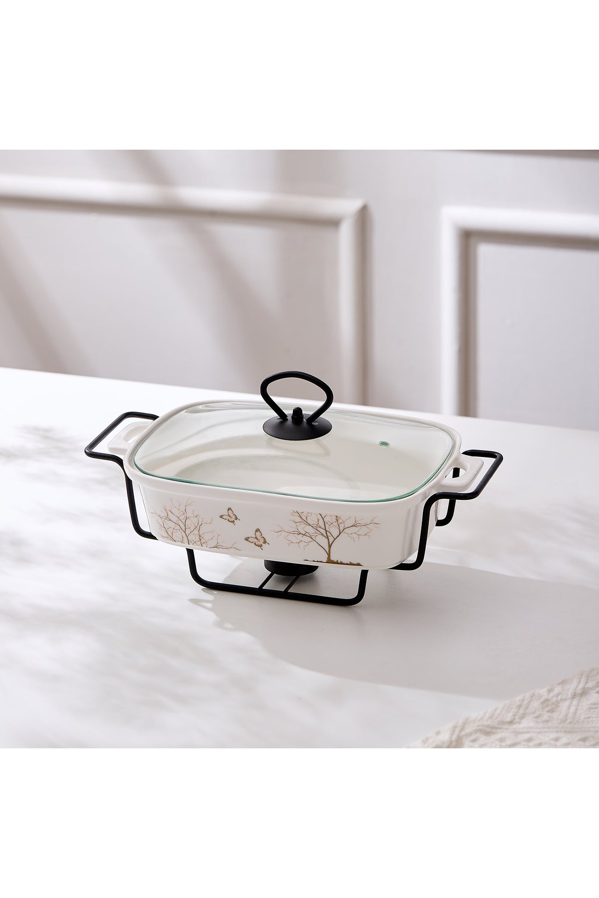 Vas de cuptor din porțelan cu suport încălzitor și capac sticlă, 27 cm - Lifetree Collection