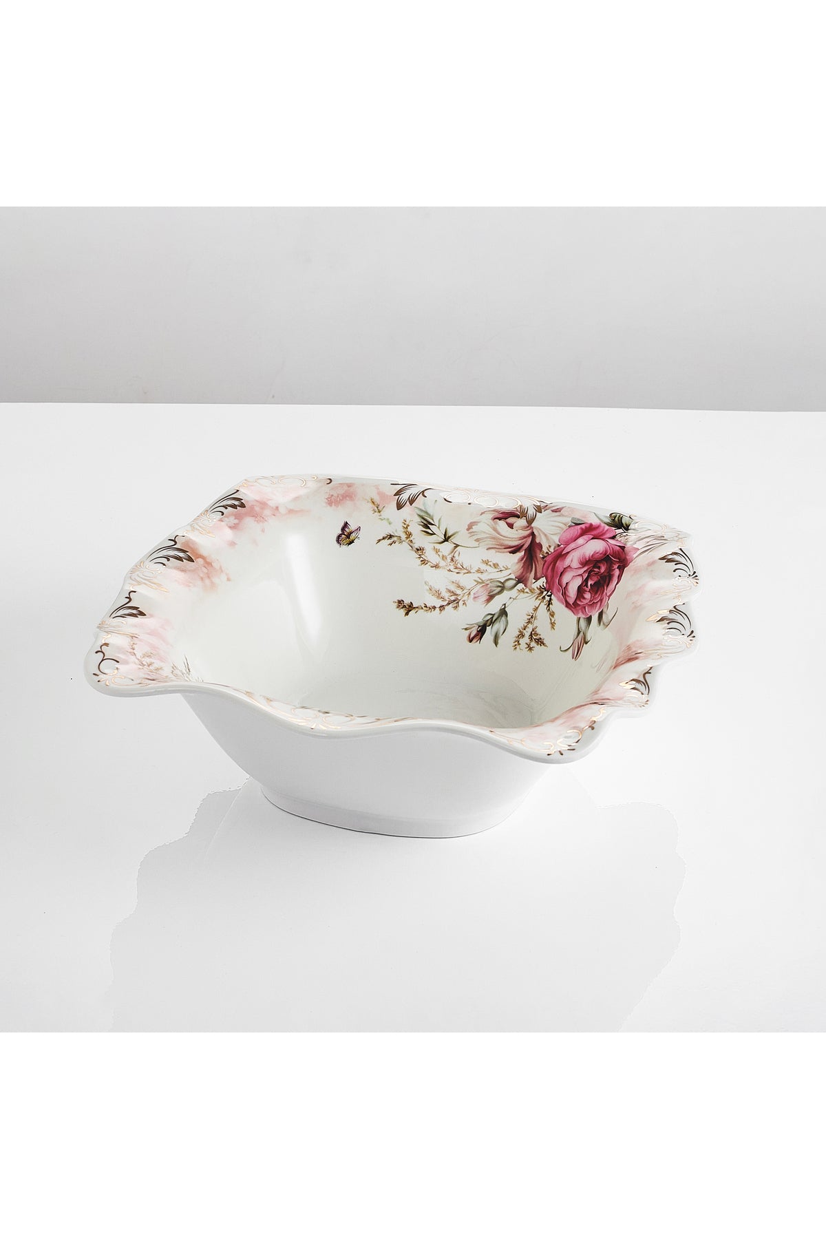 Bol porțelan model floral vintage, margini ondulate, 26.5 cm
