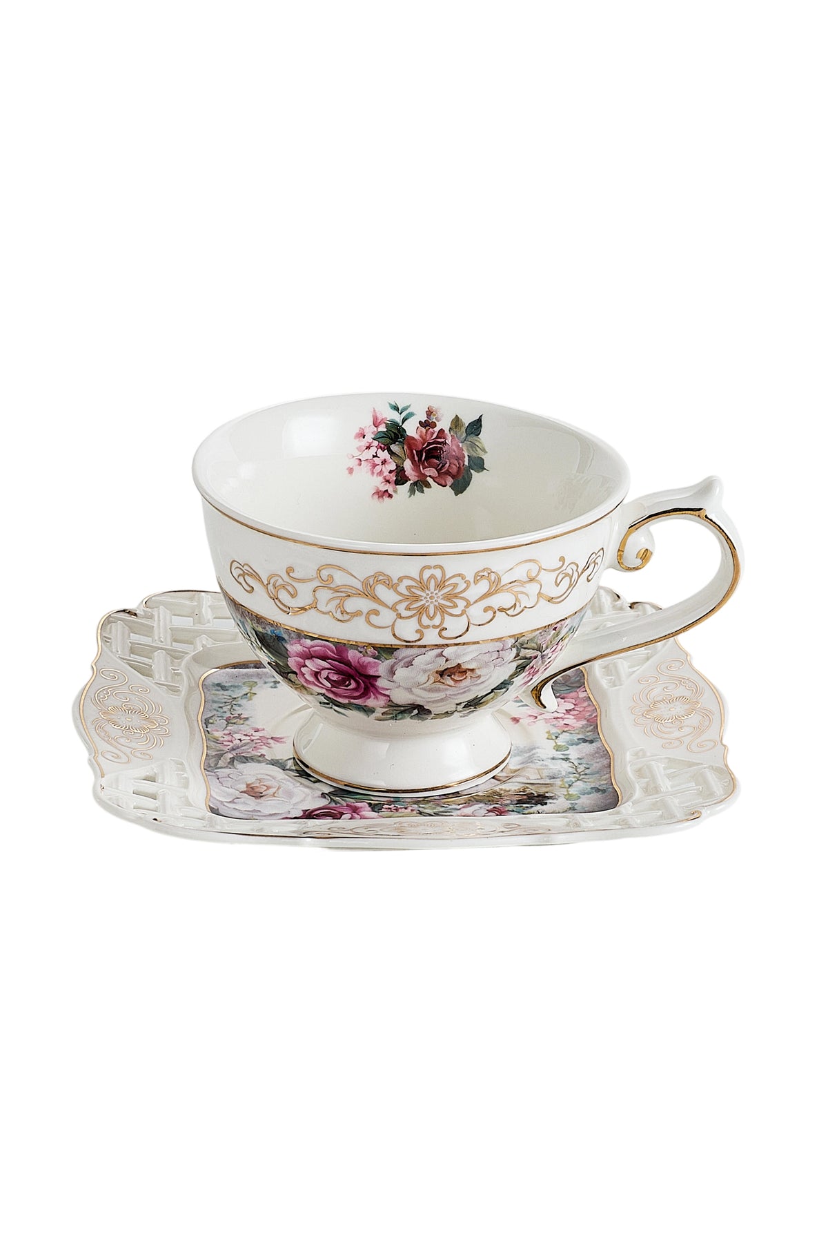 Set 2 cești cafea cu 2 farfurioare porțelan 200 ml – model floral elegant