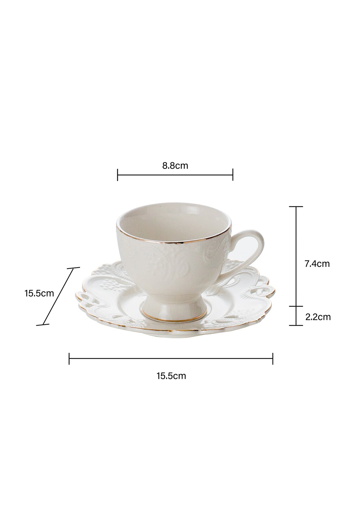 Set de 2 cești cu 2 farfurioare, portelan, 180 ml - Model alb dantelat