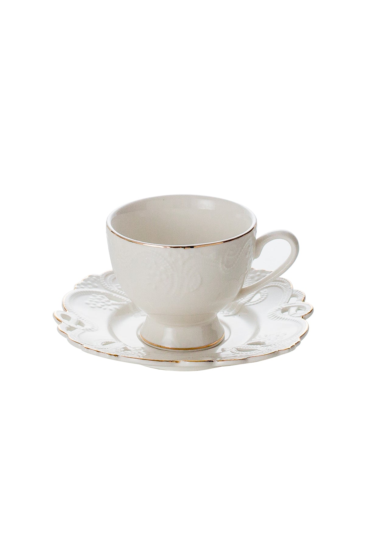 Set de 2 cești cu 2 farfurioare, portelan, 180 ml - Model alb dantelat