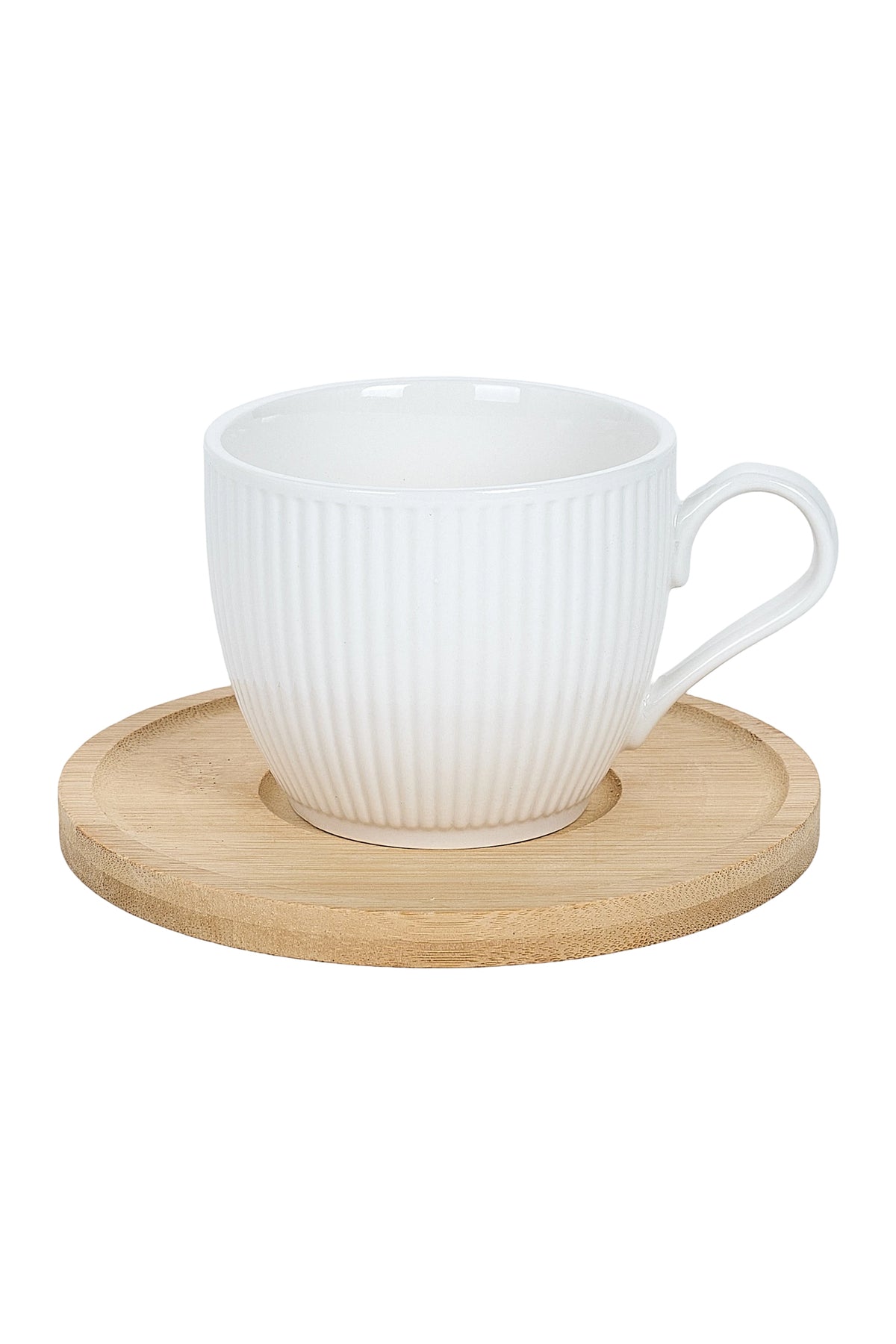 Set 6 cești cafea porțelan Groove cu farfurioare bambus, 200ml, alb