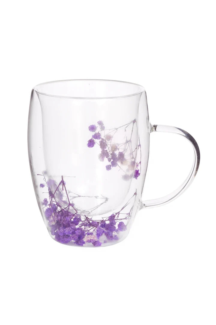 Set 2 Cani din Sticla cu Pereti Dubli, Zeina & Anna, Flori Uscate Naturale, 350 ml – Mov si Galben