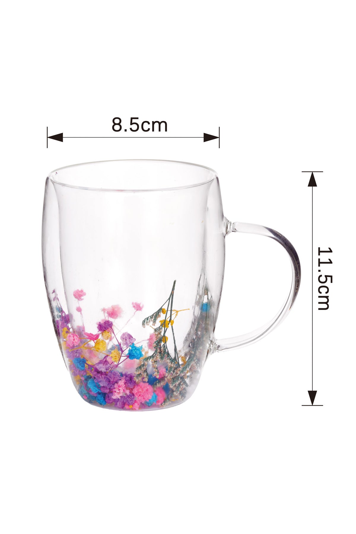 Cană din Sticlă cu Pereți Dubli "Nicolle" cu Flori Uscate Multicolore Naturale – 350 ml