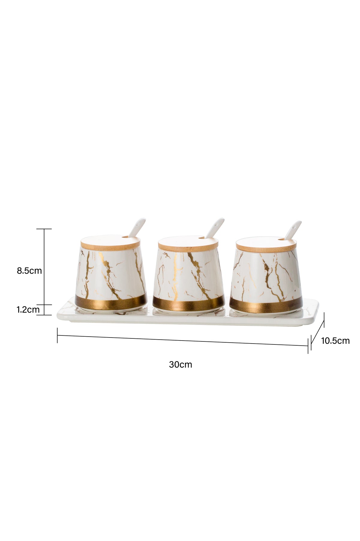 Set 3 Recipiente Condimente din porțelan, Capace Bambus și Tavă suport - Marble Collection