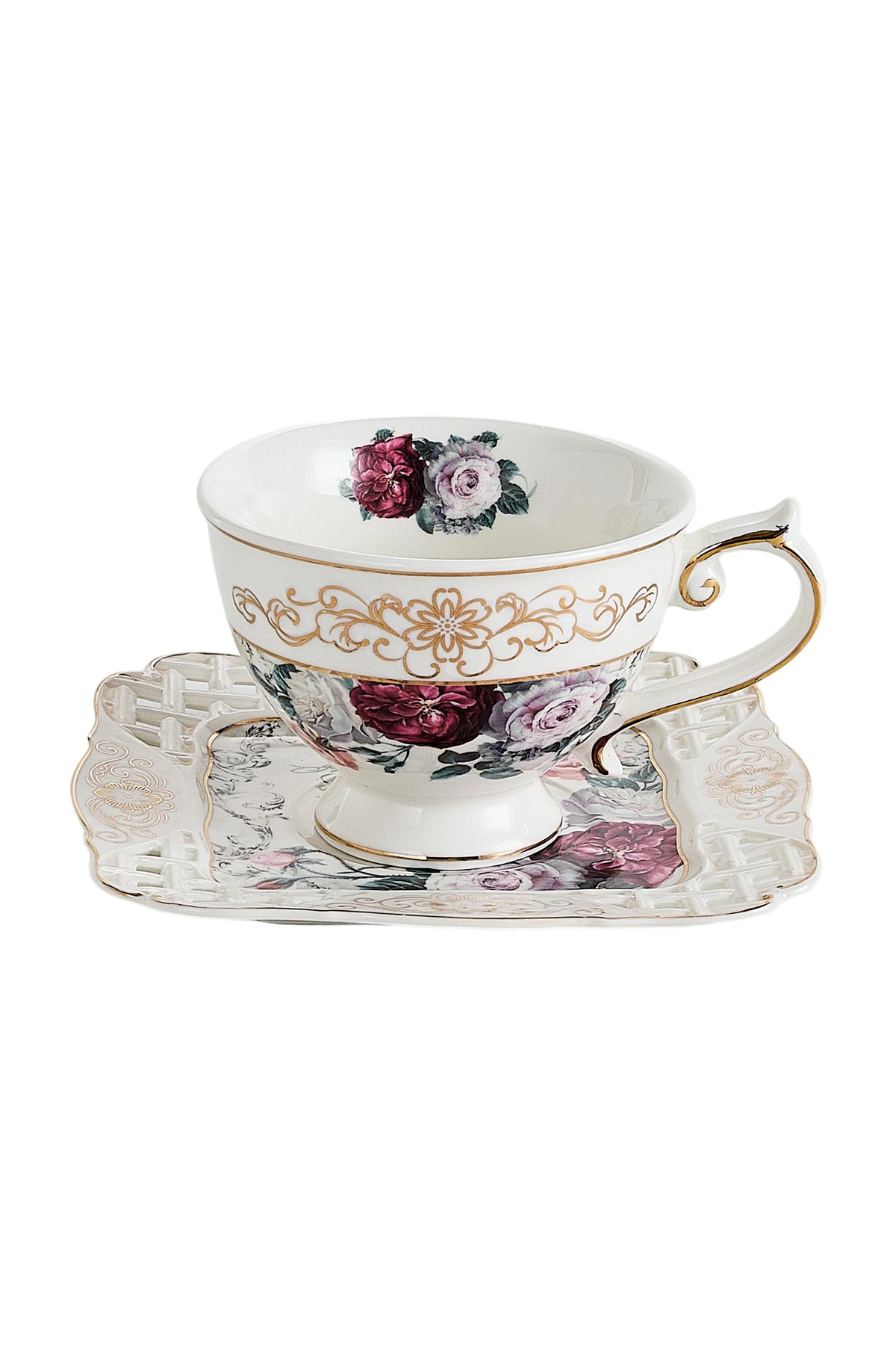 Set 2 cești cafea cu 2 farfurioare porțelan 200 ml – model floral elegant