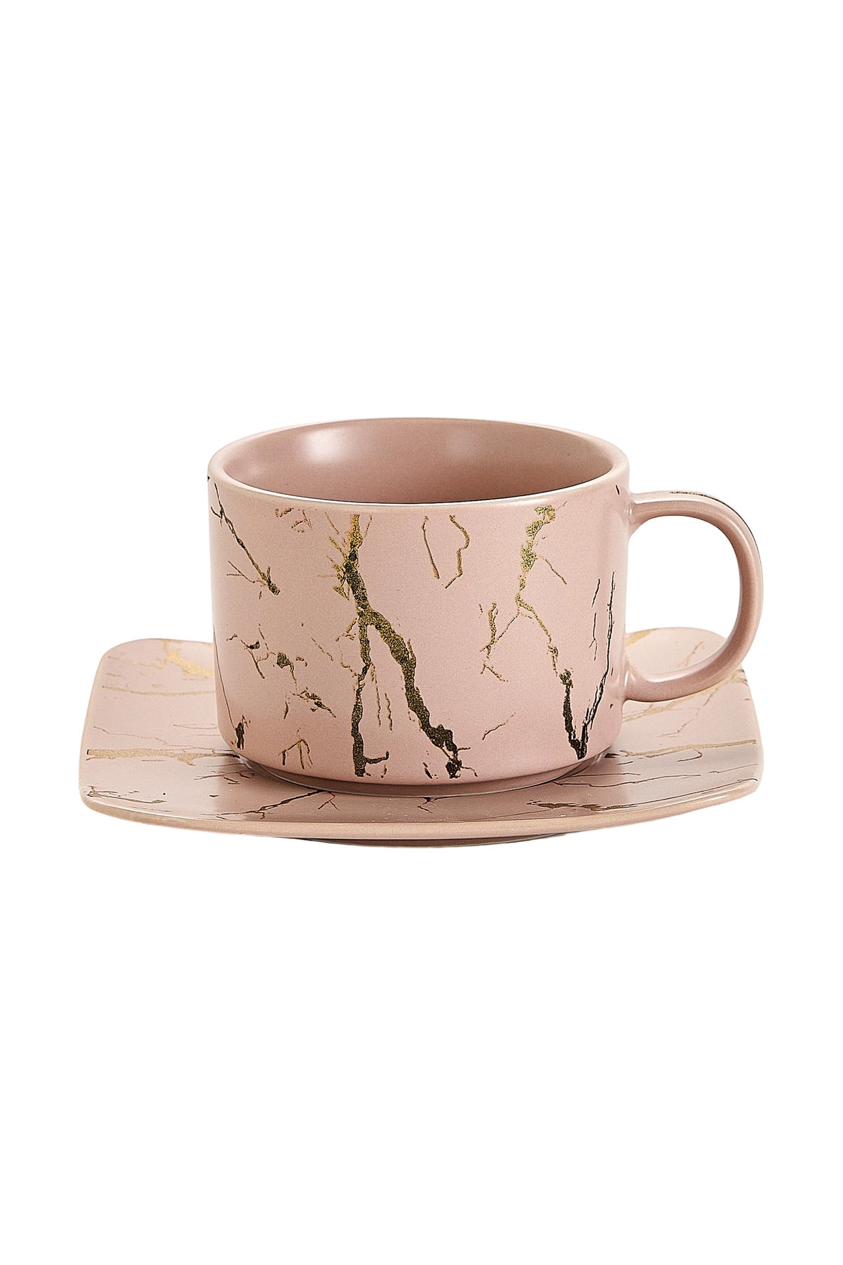 Set de 6 cești cu 6 farfurioare, 180 ml - Roz pal marmorat