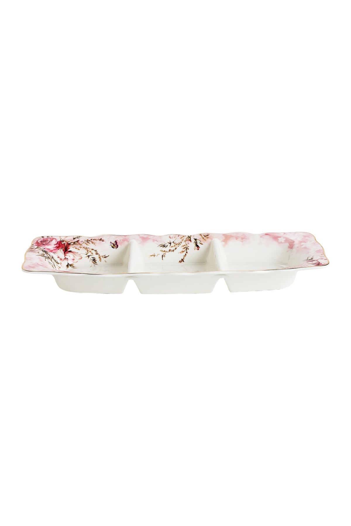 Platou compartimentat 3 secțiuni porțelan model floral vintage, 27 x 14.5 cm