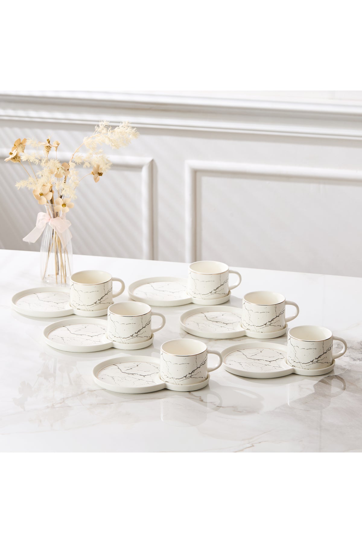Set 6 cești de cafea din porțelan cu farfurioare duble pentru gustări, 180 ml - Alb