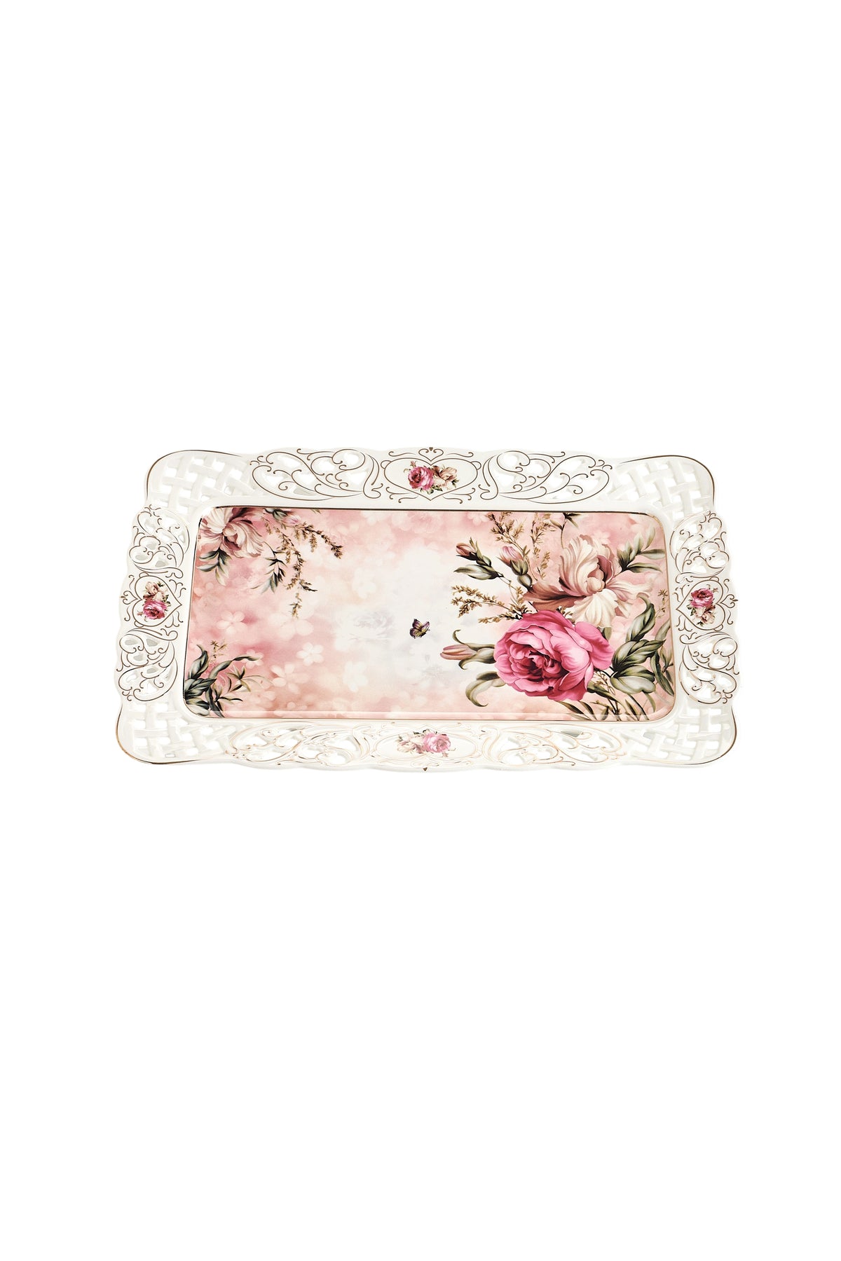 Tavă servire porțelan model floral vintage, margini dantelate decupate, 36 x 23 cm