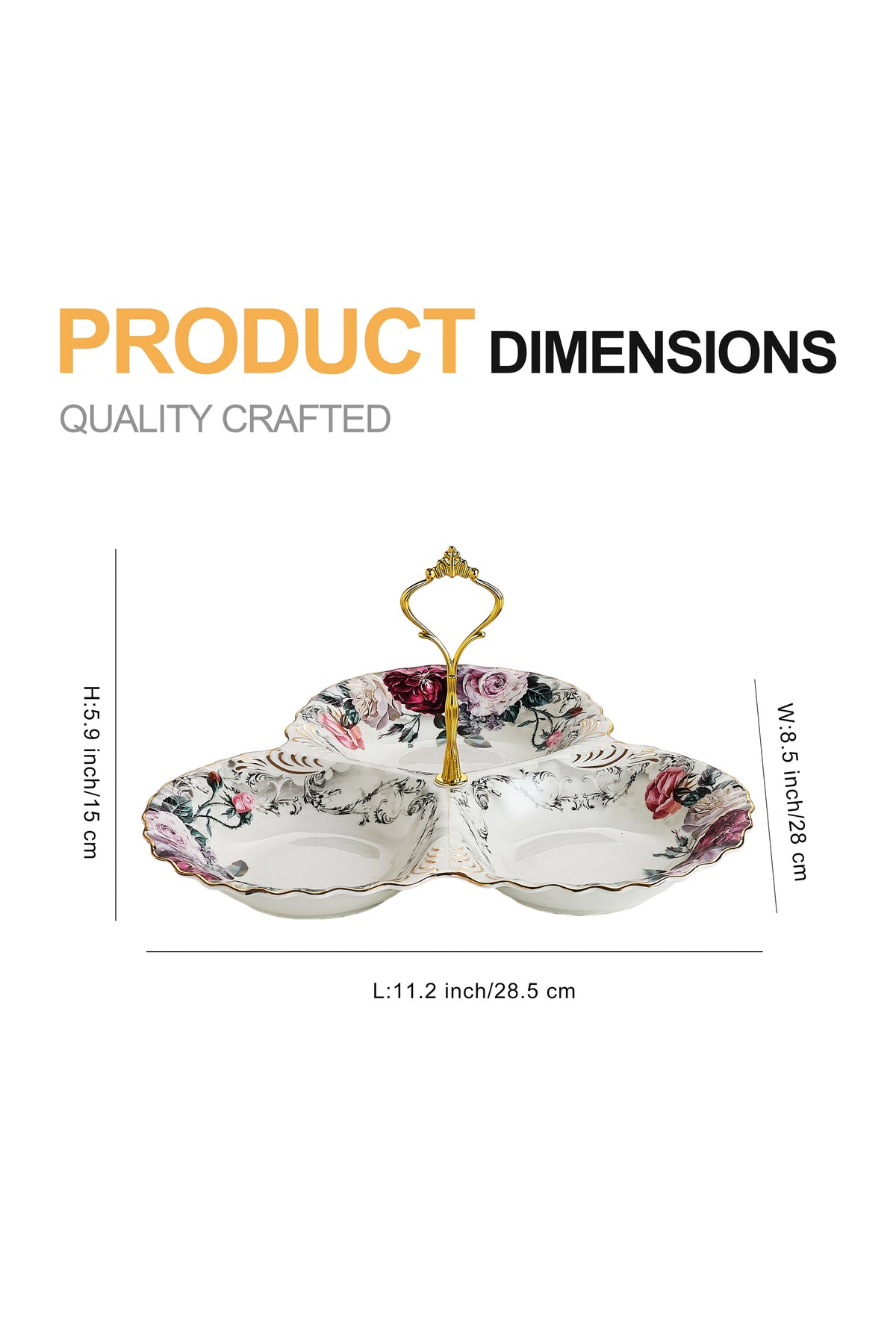 Platou compartimentat 3 secțiuni porțelan, model floral vintage, mâner auriu