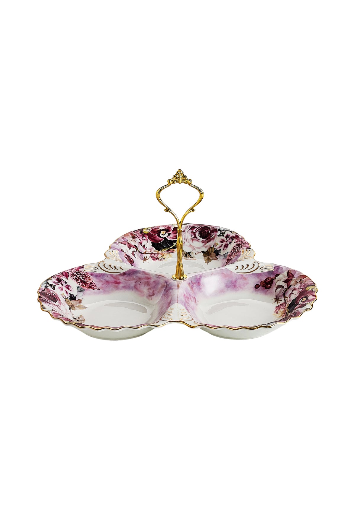 Platou compartimentat 3 secțiuni porțelan, model floral vintage, mâner auriu