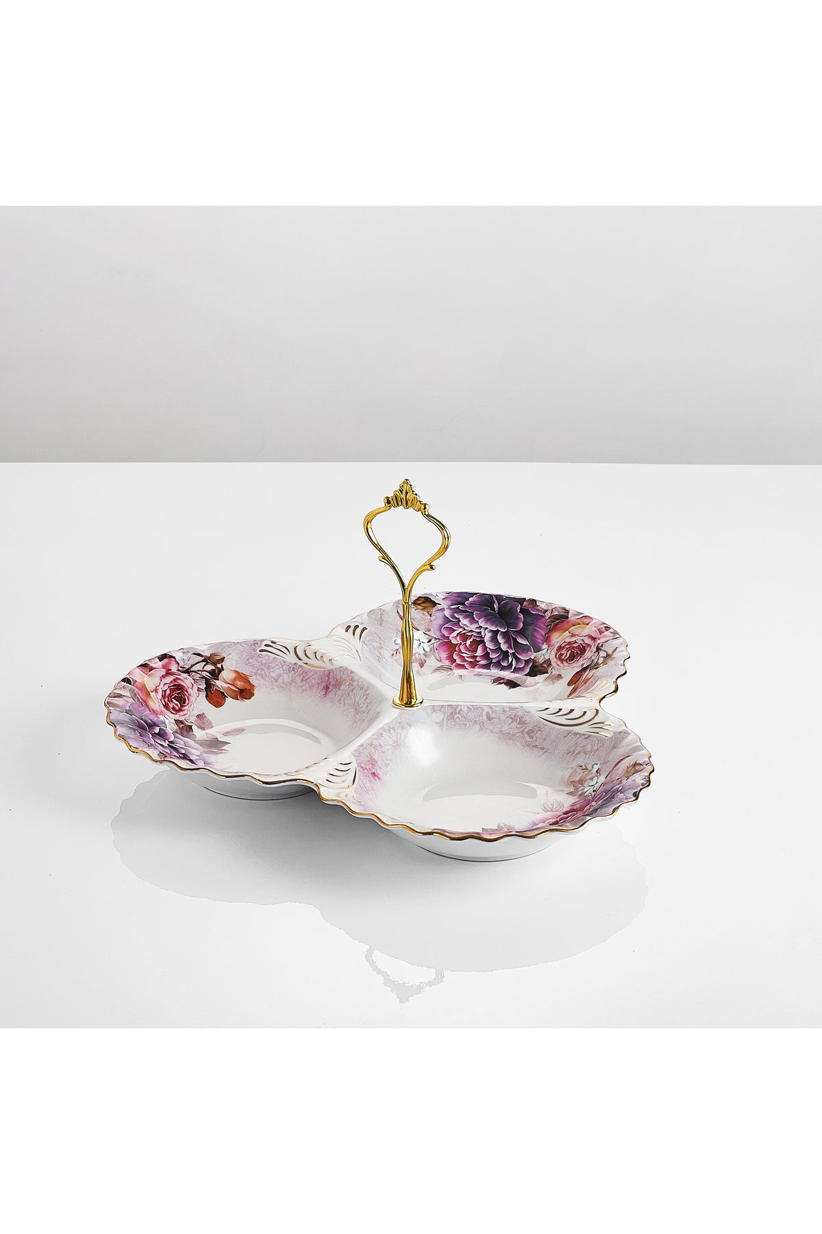 Platou compartimentat 3 secțiuni porțelan, model floral vintage, mâner auriu
