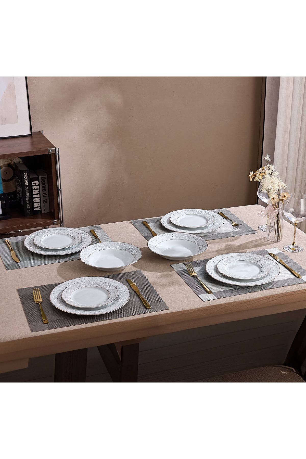 Serviciu de Masă 6 persoane Golden Stardust din Porțelan , 18 Piese, Design Modern cu Puncte Aurii