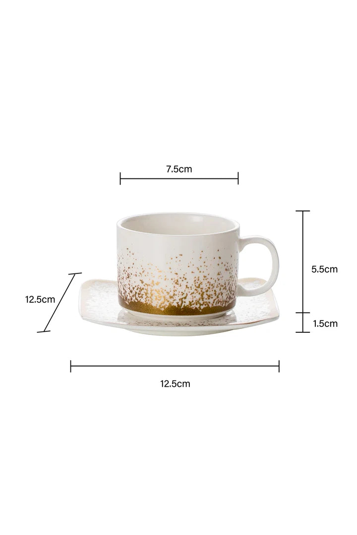 Set Cadou Snowing Collection – Tava de Servire din Portelan cu Manere Aurii, 35,5 cm + 2 Cesti cu Farfurioare, 180 ml