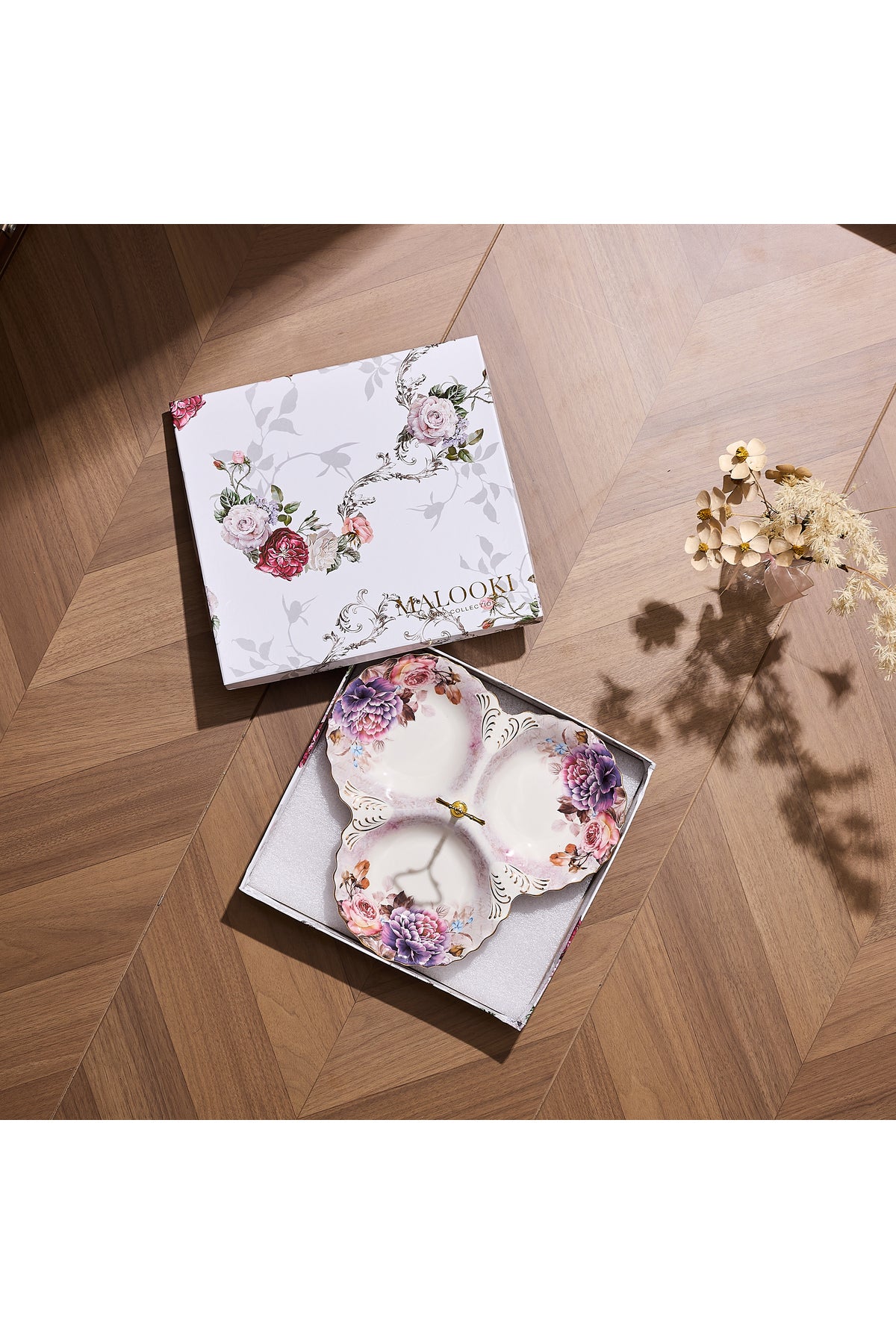 Platou compartimentat 3 secțiuni porțelan, model floral vintage, mâner auriu