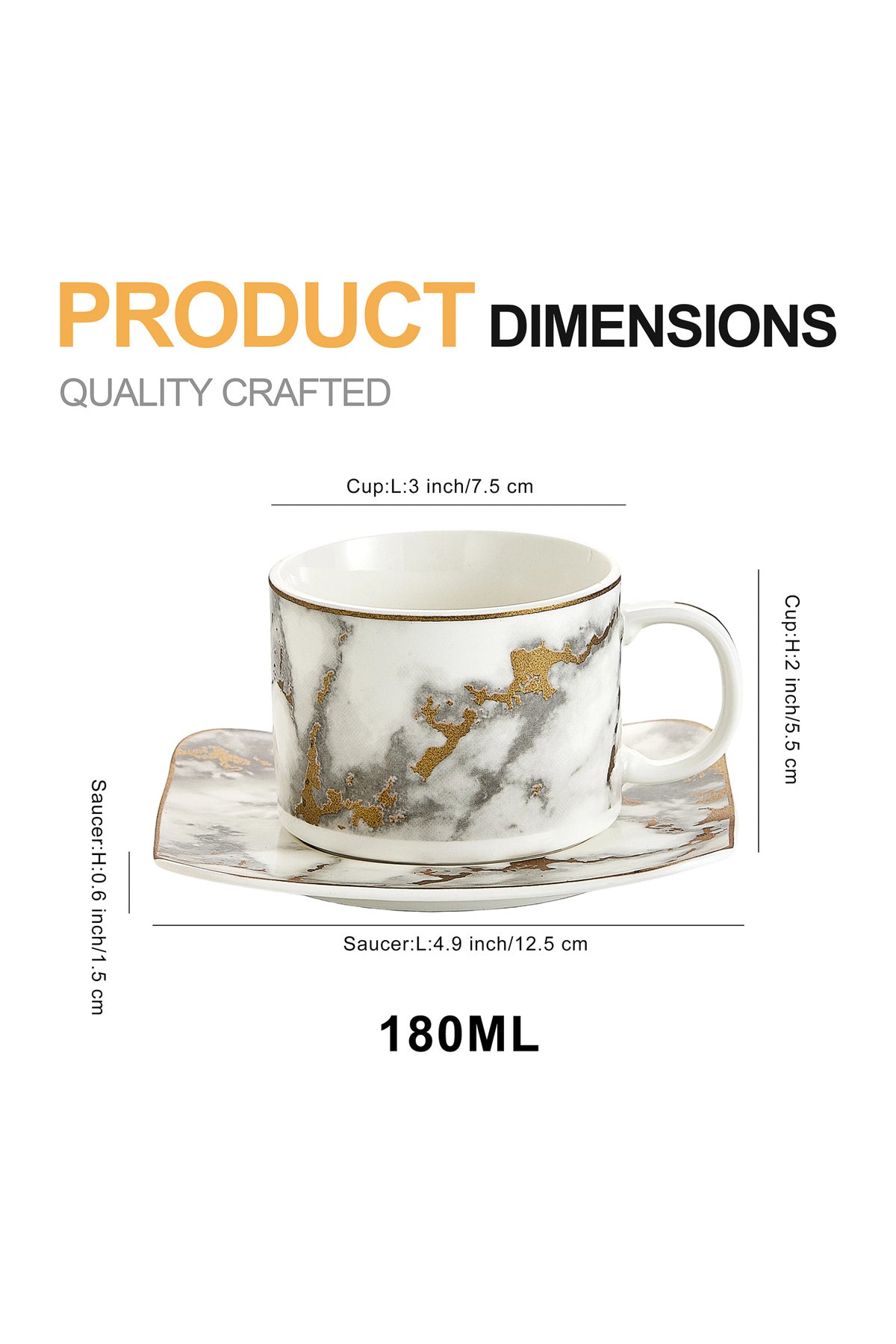 Set de 6 cești cu 6 farfurioare, 180 ml - Marmura