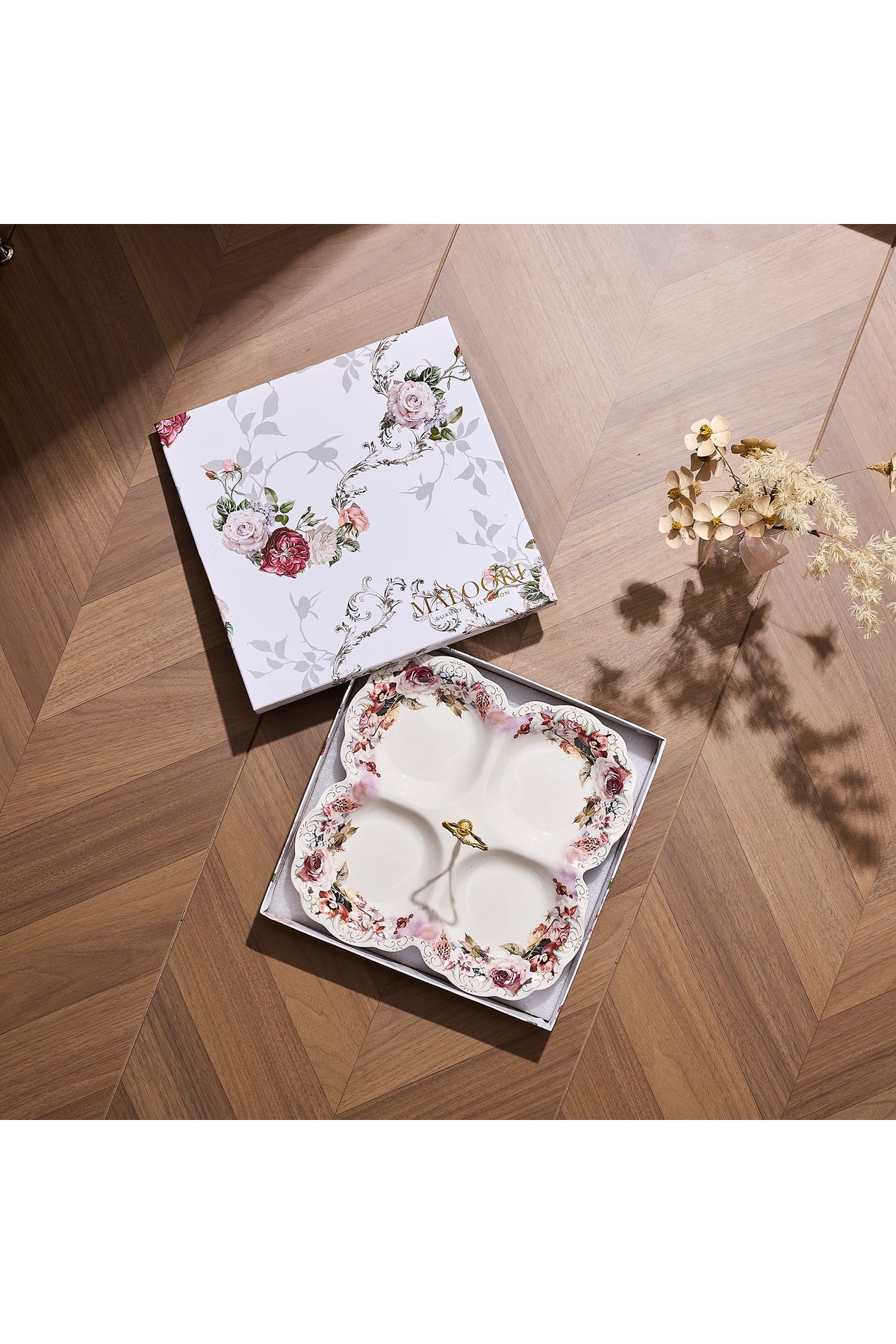 Platou compartimentat 4 secțiuni porțelan model floral vintage, mâner auriu