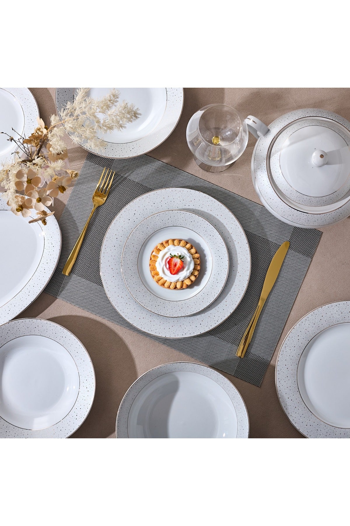 Serviciu de Masă 6 persoane Golden Stardust din Porțelan , 18 Piese, Design Modern cu Puncte Aurii
