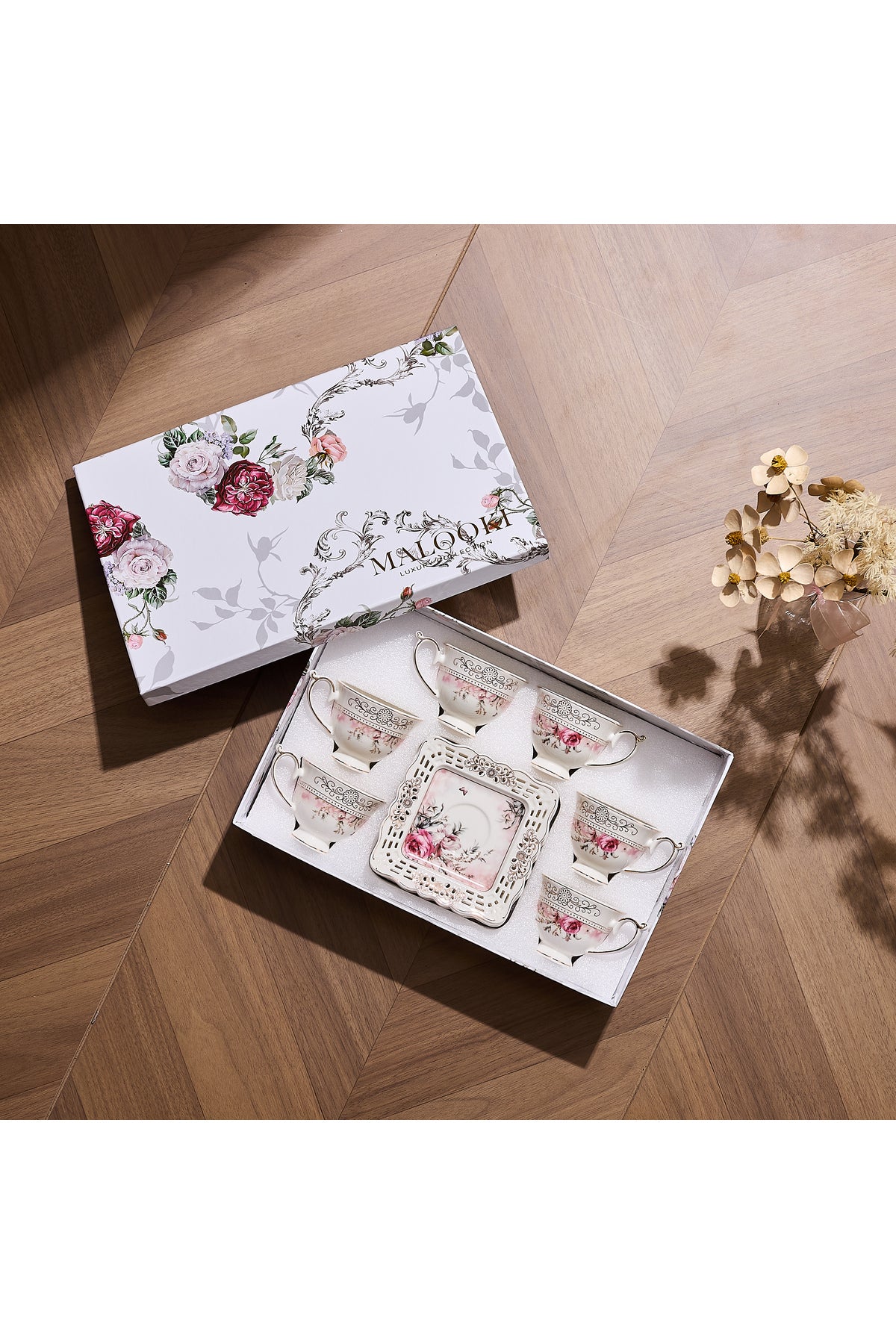 Set 6 cești espresso cu 6 farfurioare porțelan 90 ml – cești cafea model floral elegant