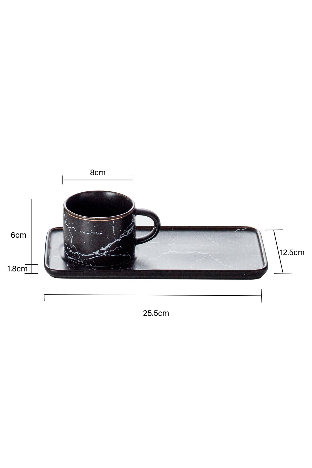 Set 6 Cești de cafea cu 6 farfurii lungi tip tavă, 200 ml, Porțelan – Negru marmorat